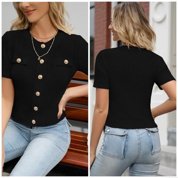 Summer Cropped Sweater Cardigan Short Sleeve Button Down Dressy Casual Knit Top - Picture 2 of 13